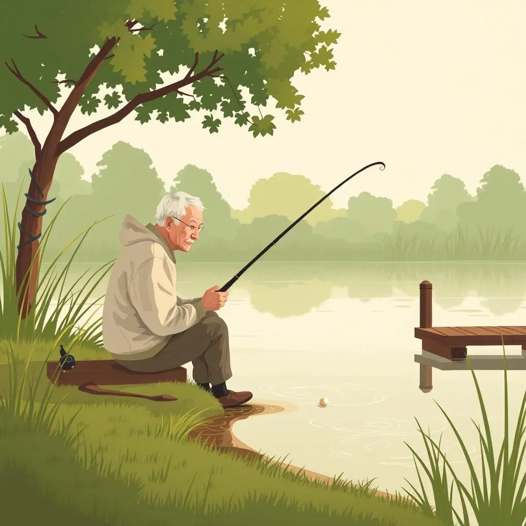 Beginner angler fishing shallow water near weeds and dock shade from a safe bank